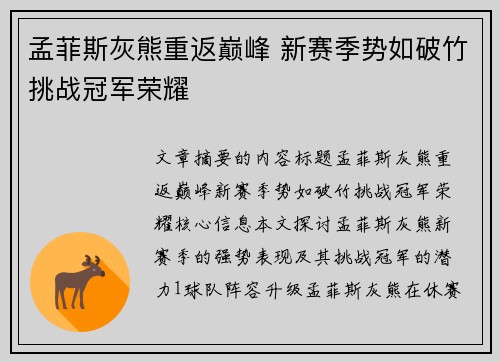 孟菲斯灰熊重返巅峰 新赛季势如破竹挑战冠军荣耀