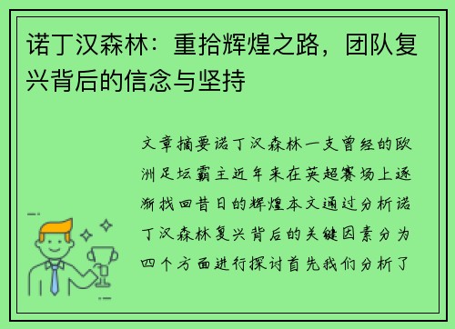 诺丁汉森林：重拾辉煌之路，团队复兴背后的信念与坚持